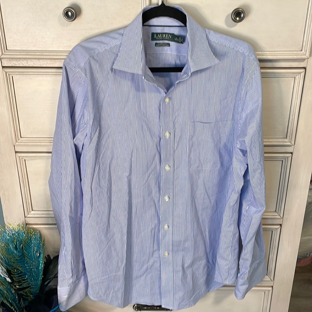 Mens Ralph Lauren pinstripe blue button down shirt classic fit size 16